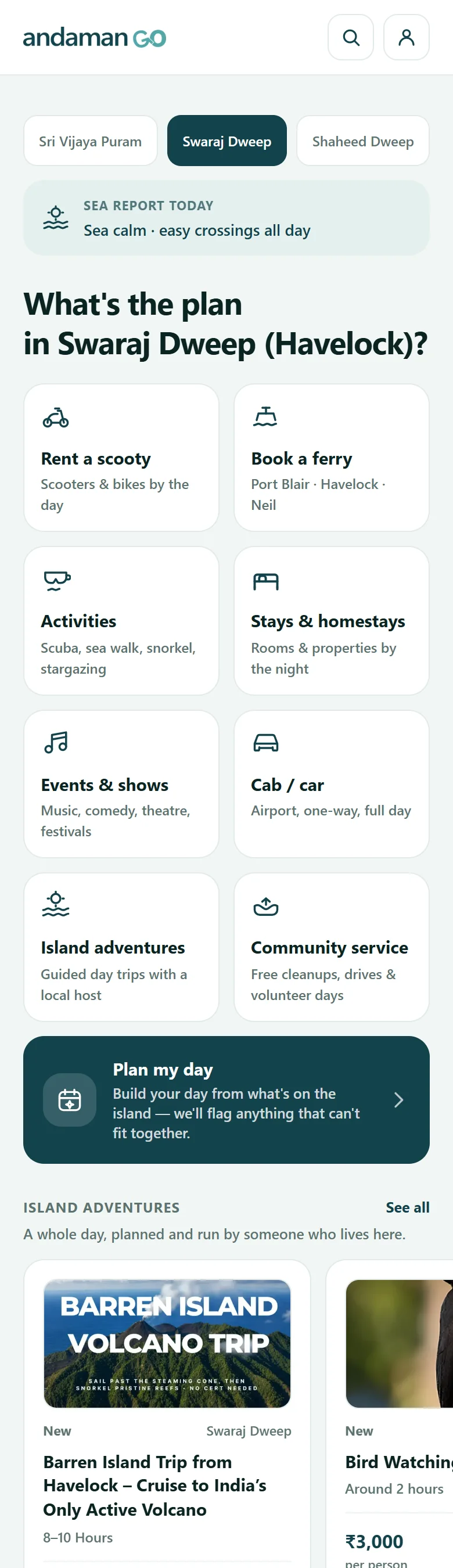 The Andaman Go home screen: island picker, today's sea report and the eight things you can book.