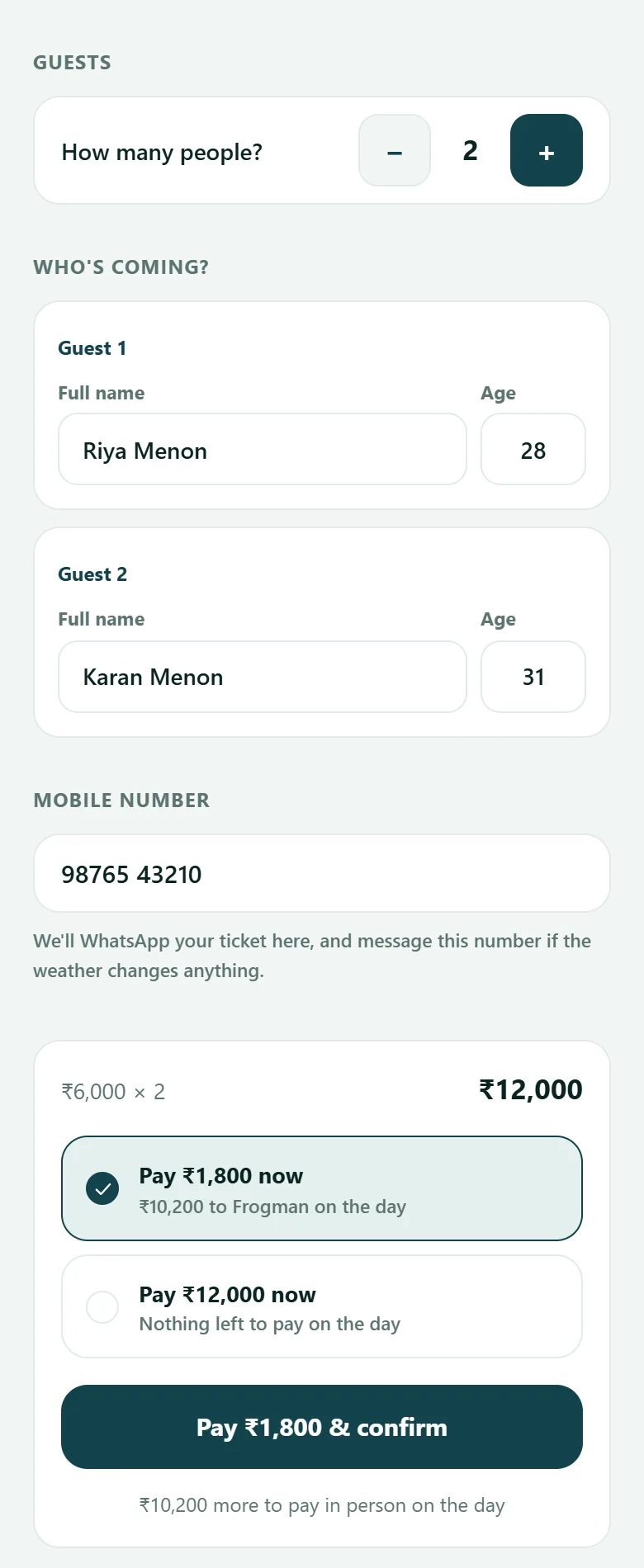 The same booking further down: two guests, a mobile number, and a choice between paying a deposit now or the full amount.