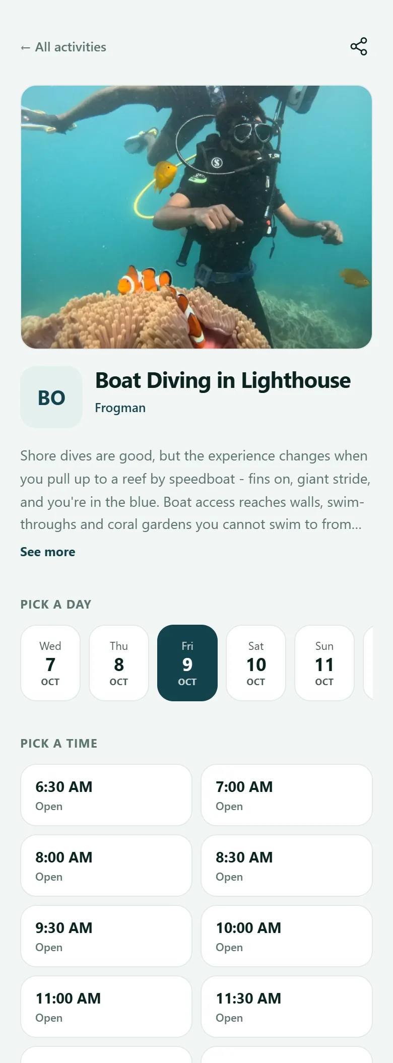 An activity page for Boat Diving in Lighthouse, with a day picker and the open time slots.